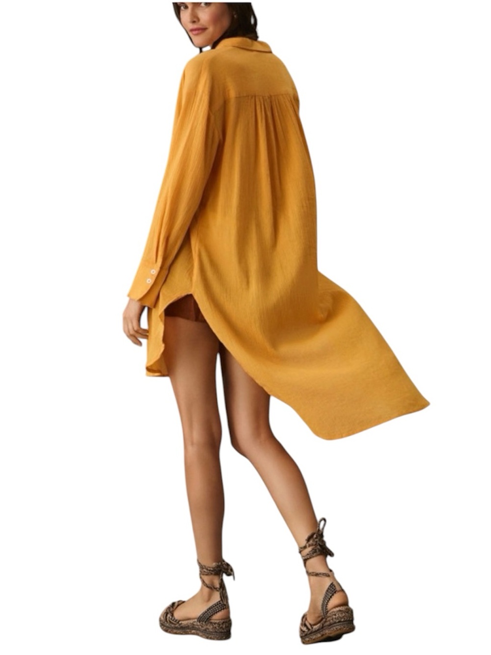 Anthropologie Gauze Duster Tunic Shirt  XL Button Front Mango Yellow High-Low - Picture 2 of 6